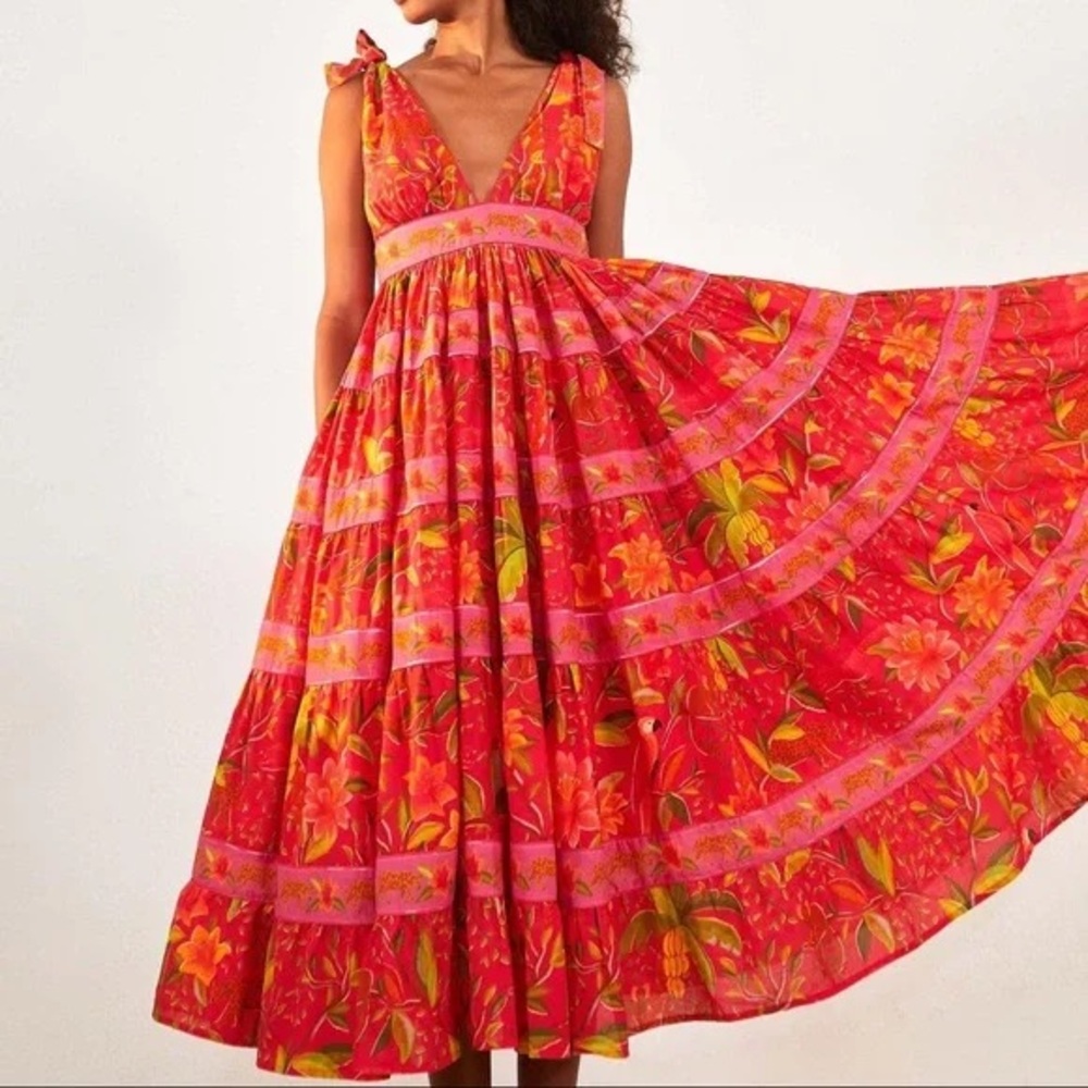 FARM Rio Red and Pink Floral Midi Dress